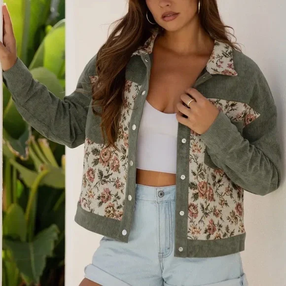 Retro Floral Corduroy Ribbed Jacket - Green - Picture 2 of 4